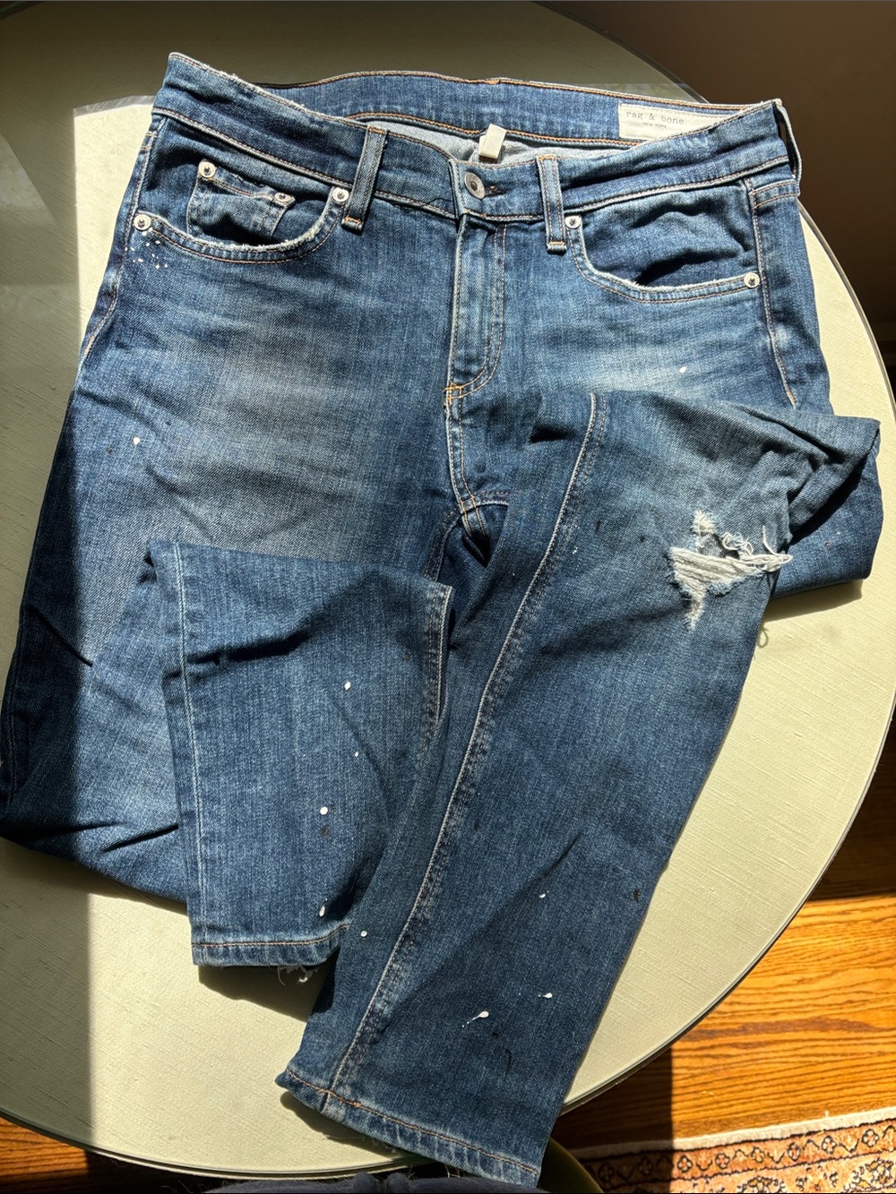 Rag and Bone sz 27 Dark Blue Distressed Straight Leg Jeans w splatter